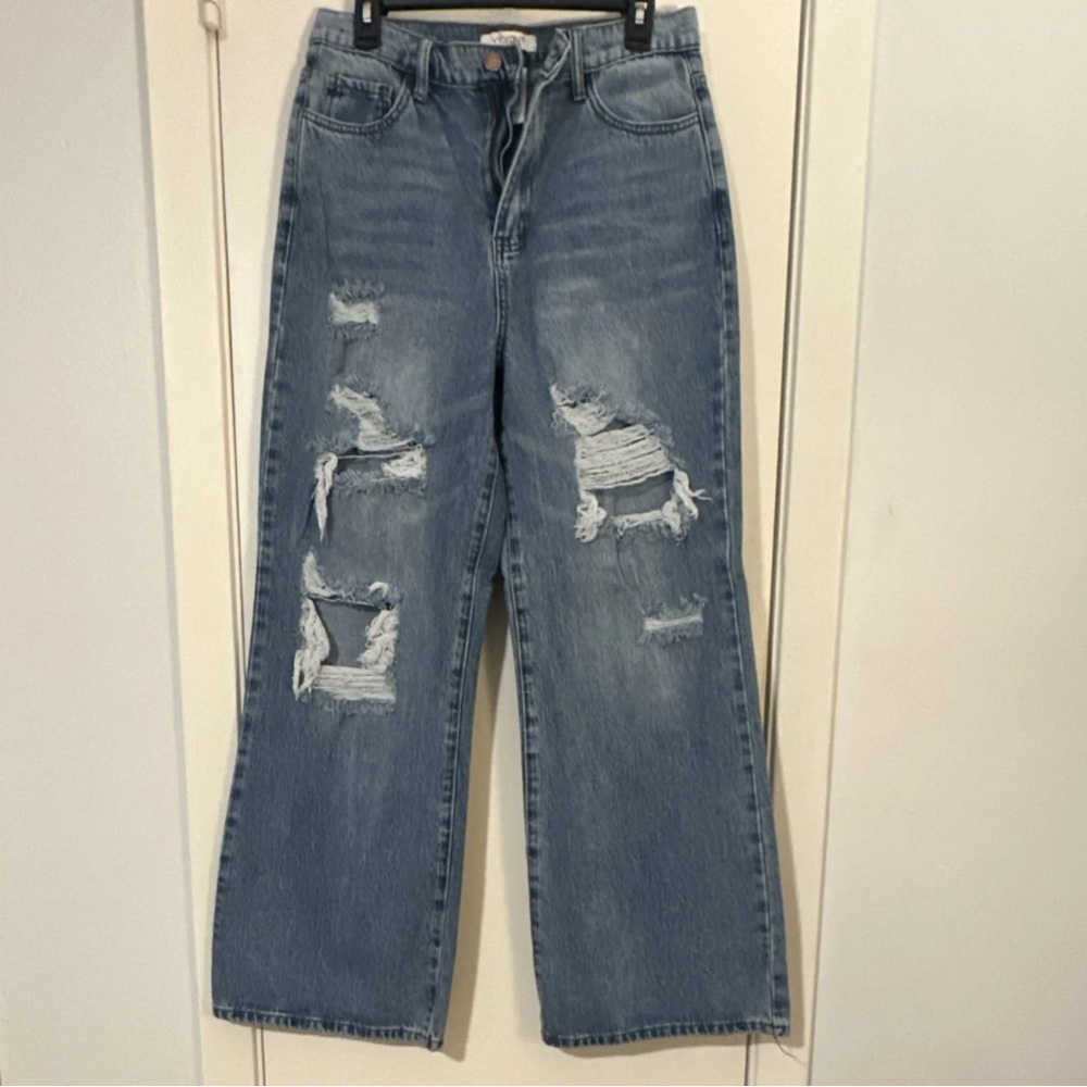 Vibrant M.I.U Women's Distressed Wide-Leg Jeans Blue Denim Button Zip 5-Pocket